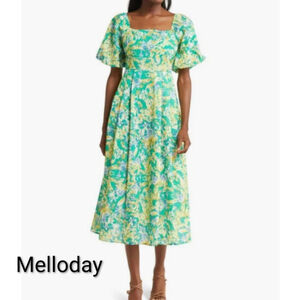 $99 Melloday Puff Sleeve Green Yellow Floral Midi Dress Back Buttons Tradwide M